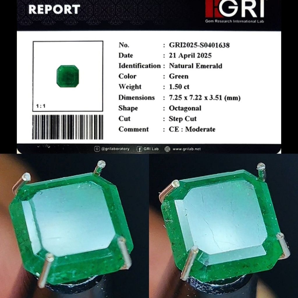 Natural Green Emerald Zamrud Octagon Cut Memo GRI lab