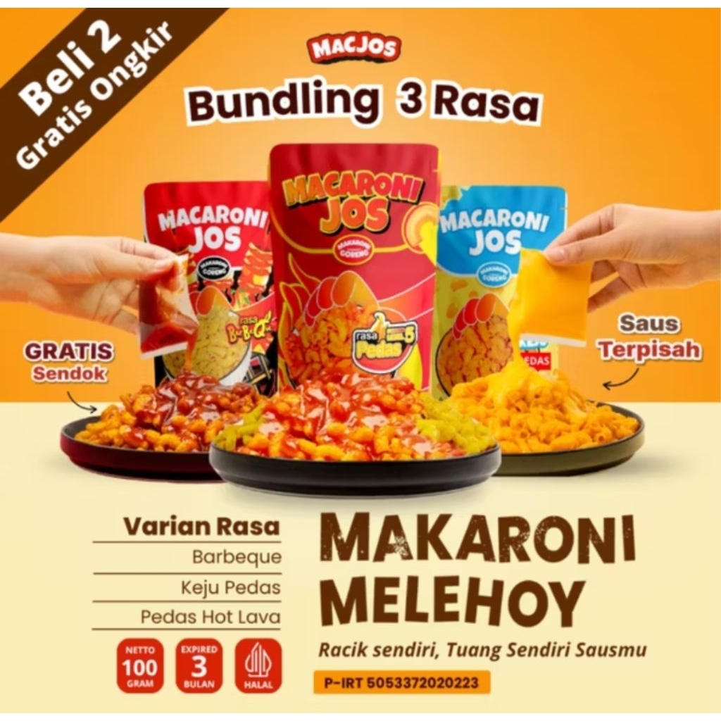 

Macaroni Jos Melehoy 3 Varian Rasa - BBQ, KEJU PEDAS, HOT LAVA