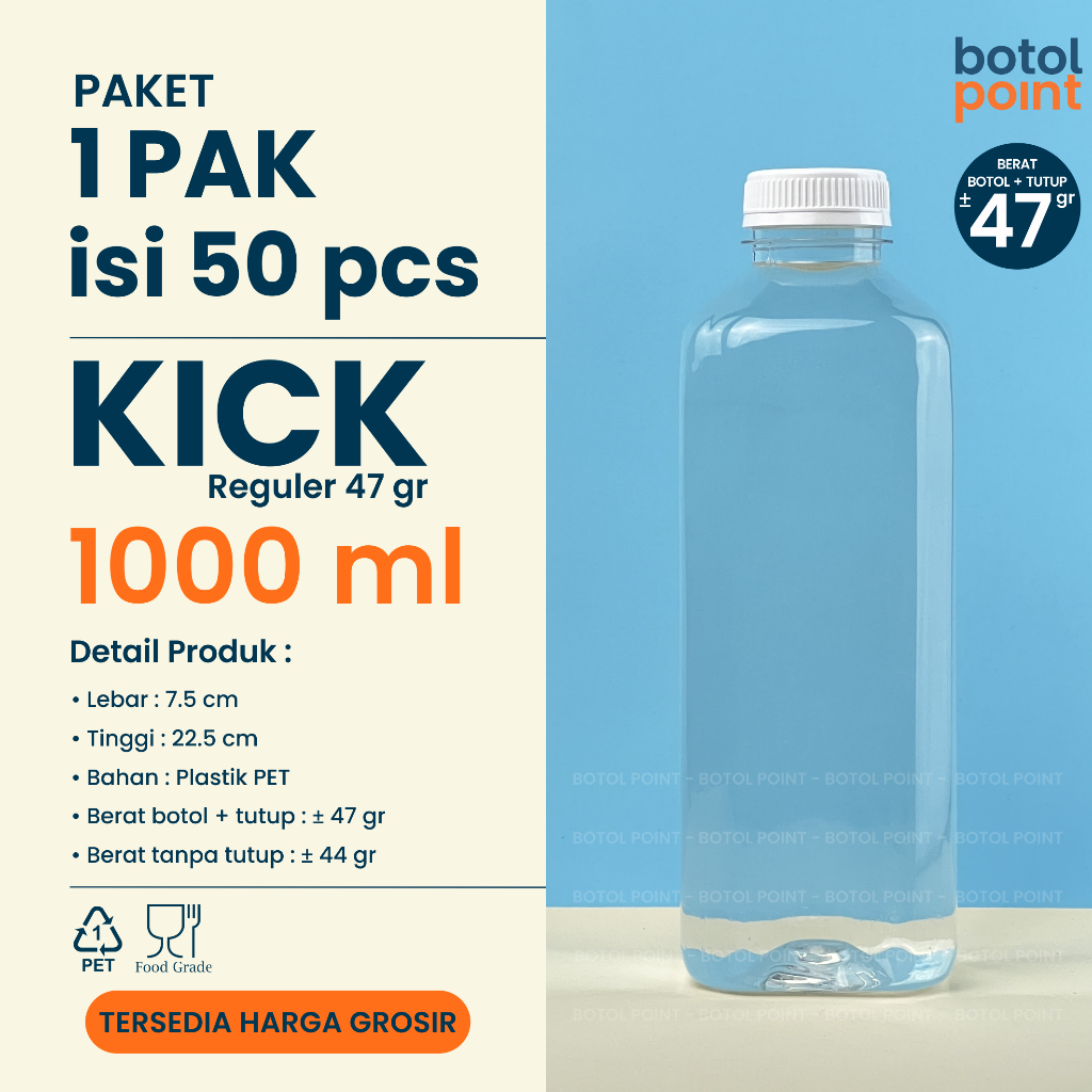Botol Kick 1000 ml REGULER - 1 Pak Isi 50 Pcs - Botol Plastik Kotak 1 Liter GROSIR - Kemasan Minuman