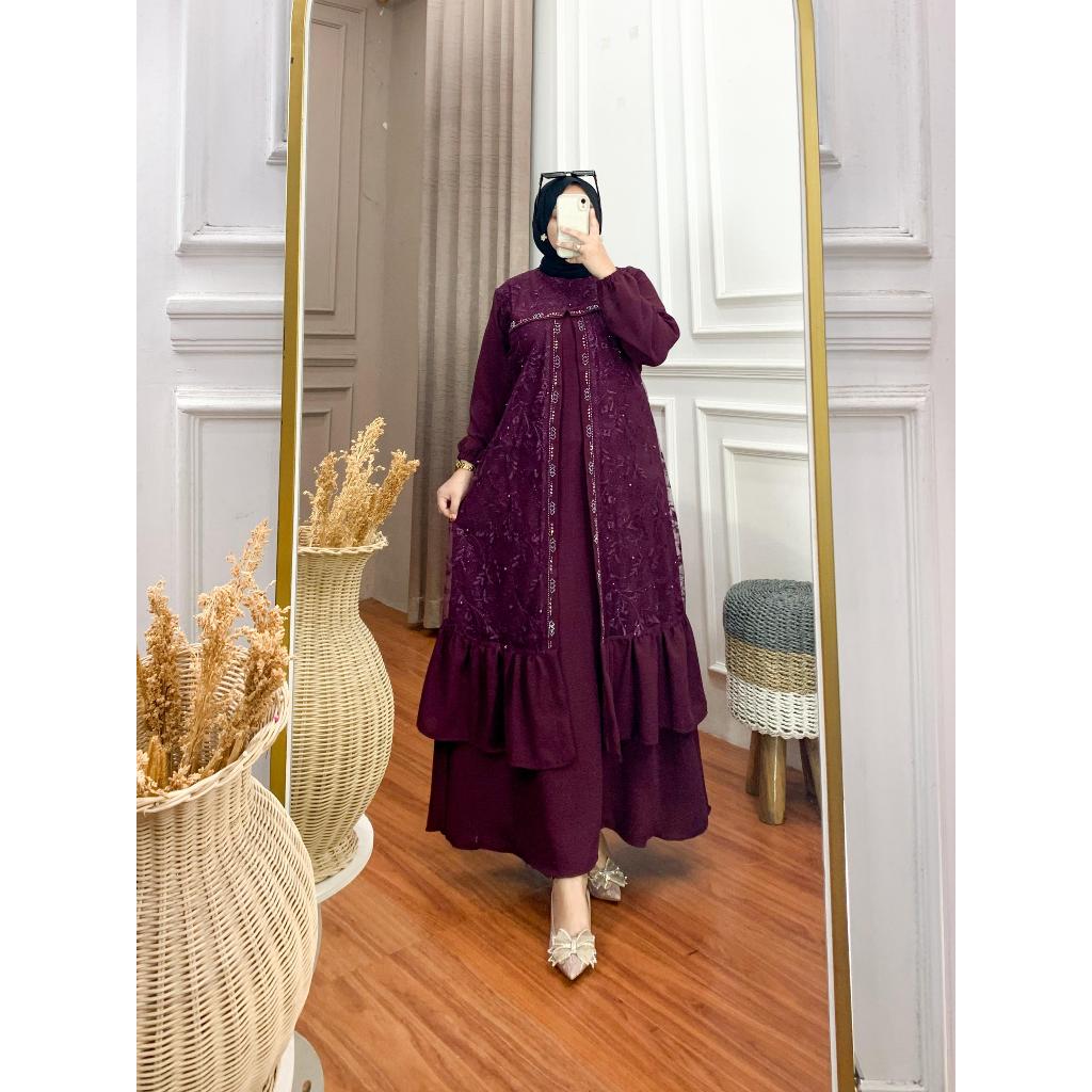 Gamis Azzahra Dress Crinkle Airflow Premium Kombinasi Brokat