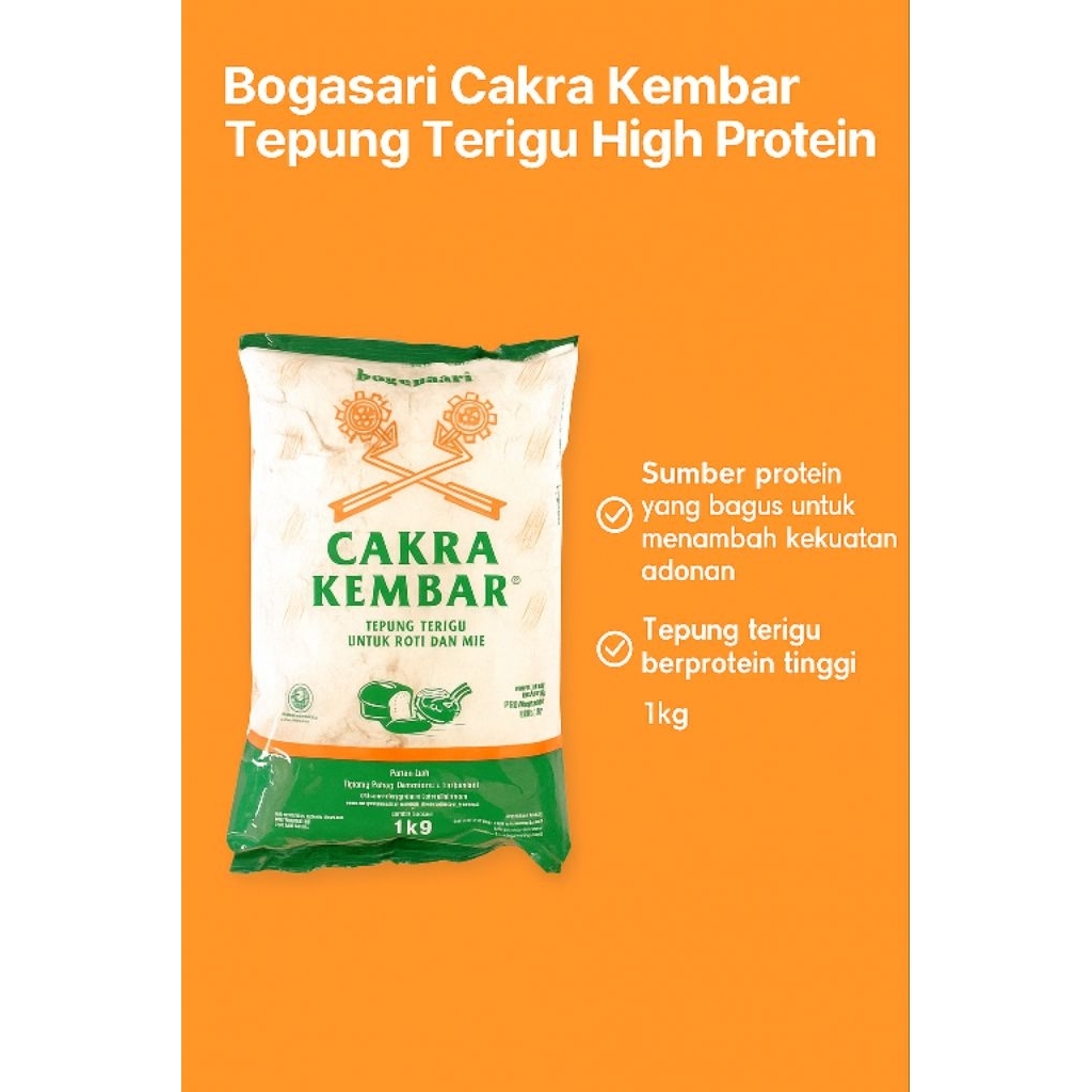 

Tepung Terigu Cakra Kembar 1kg - Bogasari Premium untuk Roti & Mie