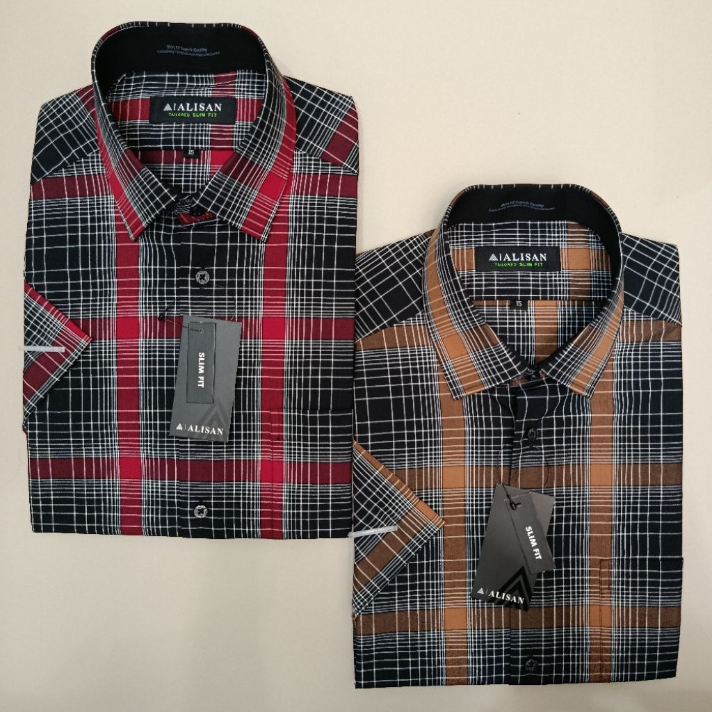 Alisan Kemeja Pria Motif Kotak Kotak Lengan Pendek Slimfit Coklat/Merah