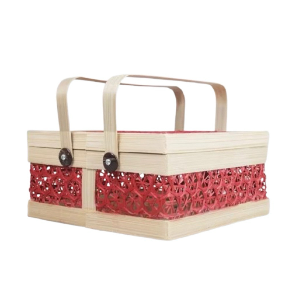 Rantang Bambu Hampers Motif Truntum Merah | Box Hampers Rantang Bambu