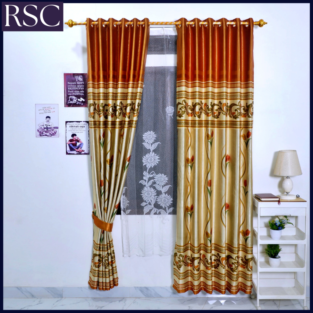 Gorden poni tempel pintu kamar kain blackout import tebal motif bunga tulip mewah Gold