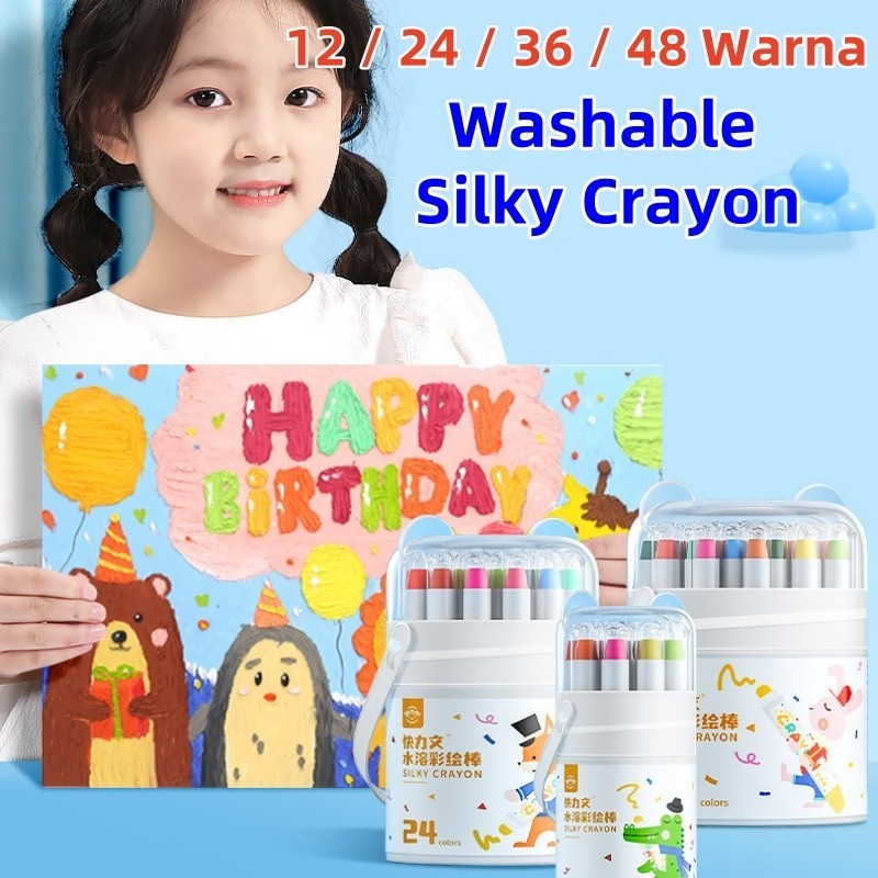 

[ COD✅Ready ] Washable Silky Crayon 12 / 24 / 36 / 48 Warna Colorful Bucket Krayon Mewarnai Alat Warna Set Anak Wipe and Clean