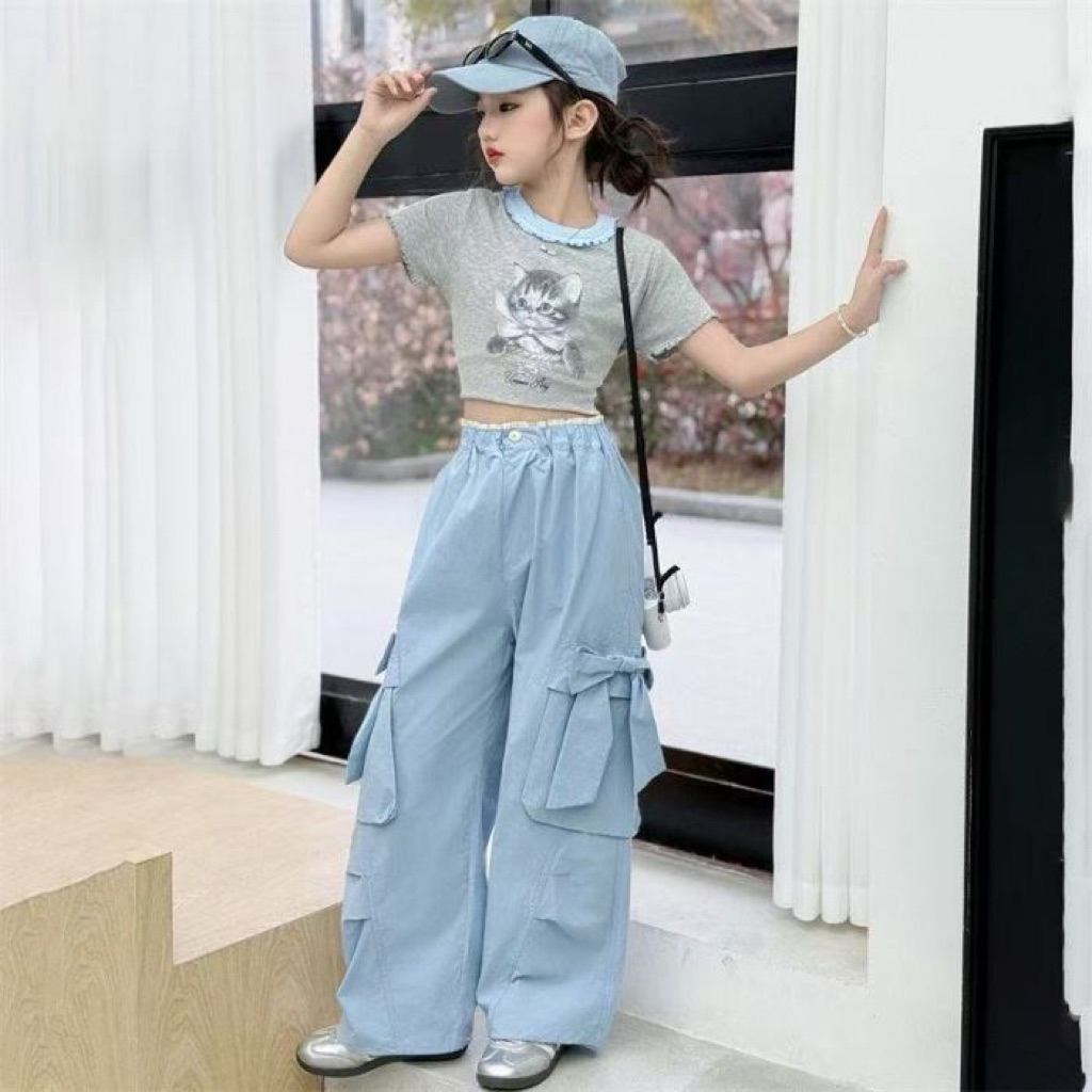 Setelan Baju Abu dan Celana Cargo/Setelan Baju Kekinian Anak Perempuan/Setelan Baju Anak Cewek/Setel