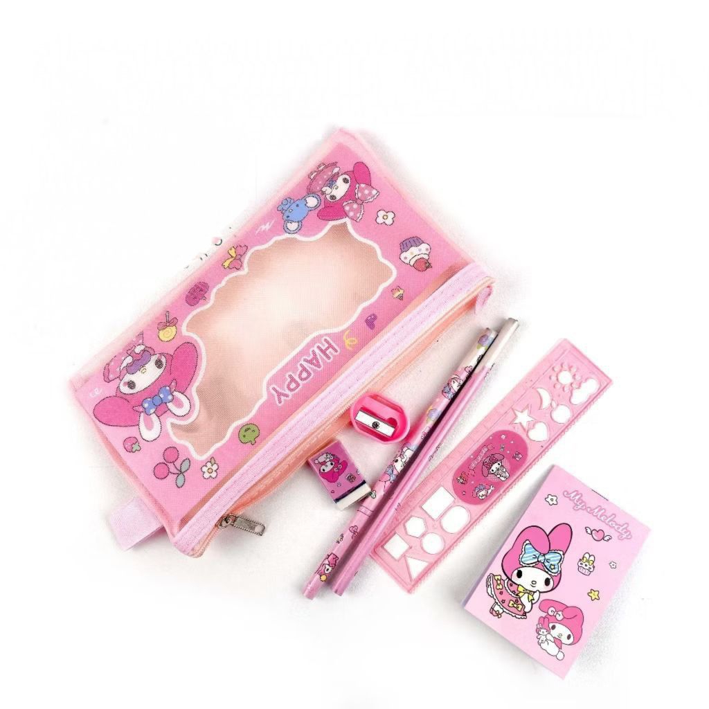 

ar2-Alat Tulis Set 7in1 karakter kuromi Lucu Pouch Net stationery Hadiah Anak Sanrio