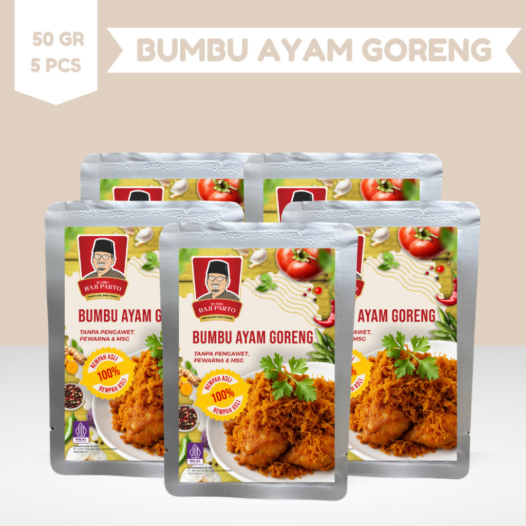 

Paket 5 PCS Bumbu Marinasi Ayam Goreng Haji Parto 50 gram - Tanpa MSG & Tanpa Pengawet
