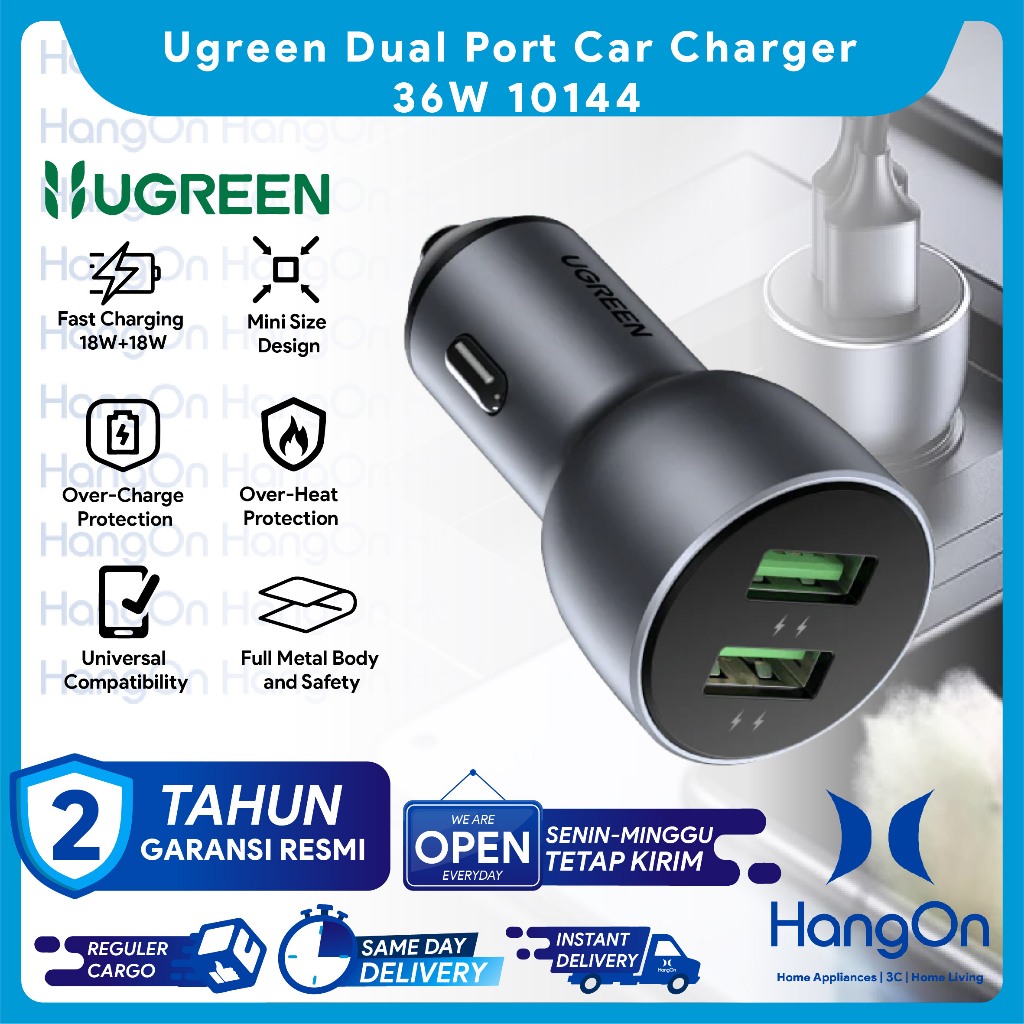 Ugreen 10144 Dual Port Car Charger 36W Fast Charging for iPhone MFI Samsung Xiaomi Oppo Vivo USB + T