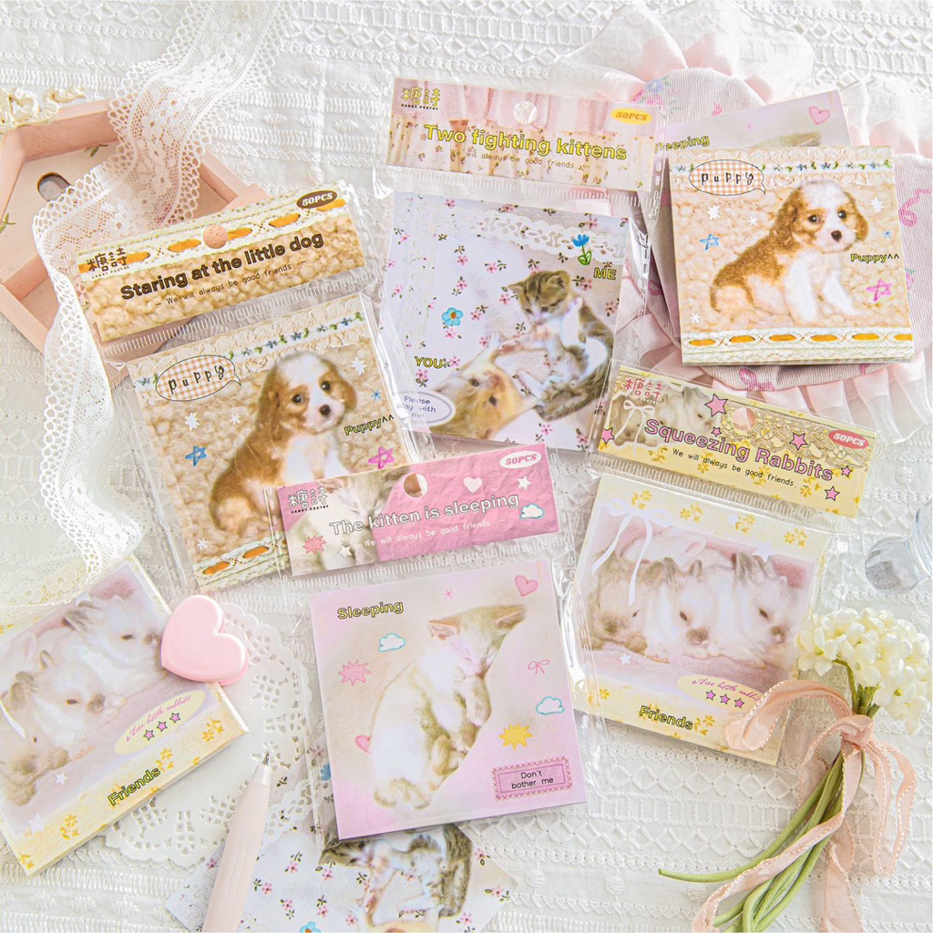 

Cute Pet Memo Pad 50 Lembar | Kitten Puppy Animals Cartoon Heisei Retro Juminocore Scrapbook Journal Deco Paper