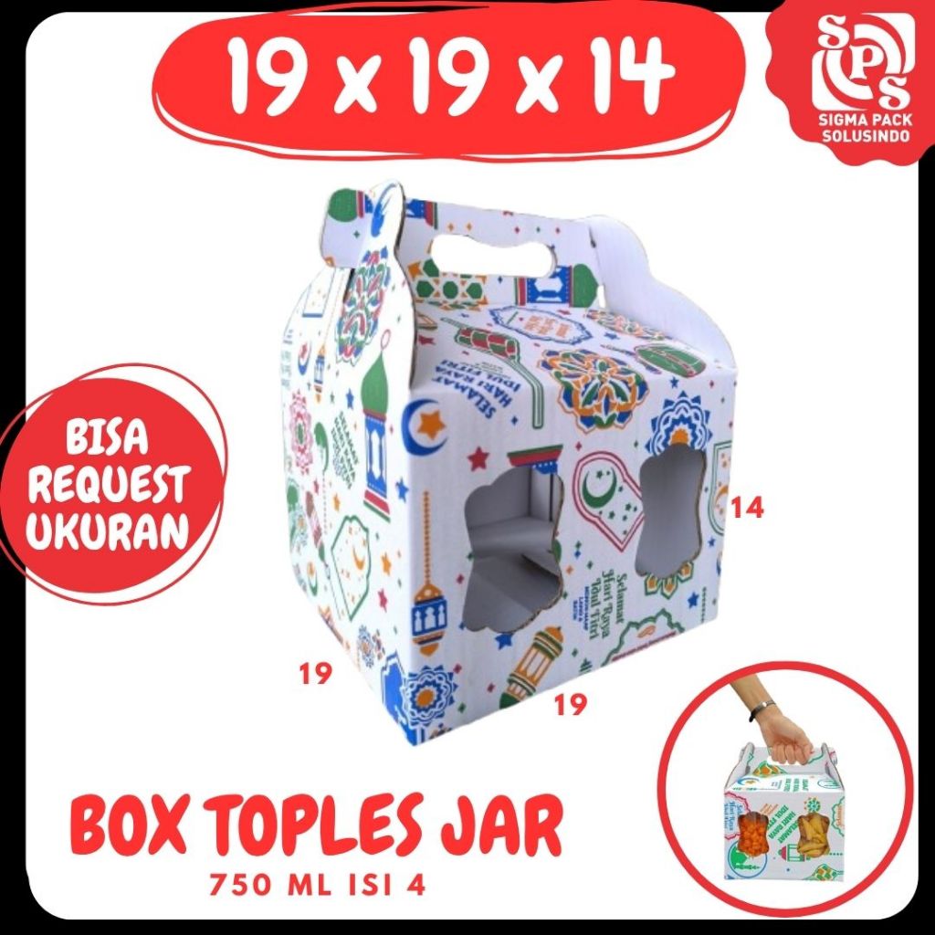 

Box Kuker 19x19x14 Jinjing (KUKER TOPLES JAR 750ml Isi 4) Kardus Kue Kering / Idul Fitri /Hampers / Lebaran / Gable Box Polos/Motif