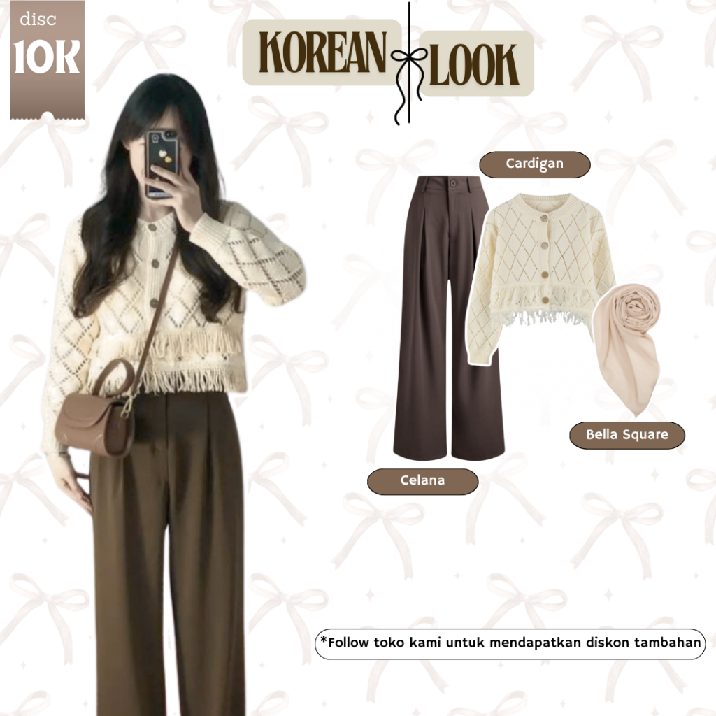 Outfit Pinterest 3 in 1 OOTD Hijab Casual Outfit Hangout (Korean Cardigan, Jennie Knit Pants,Hijab)