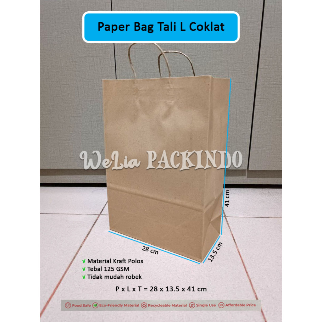 

Paper Bag Tali Kraft L 28x13.5x41cm Tebal 125GSM / Goodie Bag Besar 28x13.5x41 cm Kraft Coklat Polos / Souvenir Kantong Kertas Wedding Tas Belanja