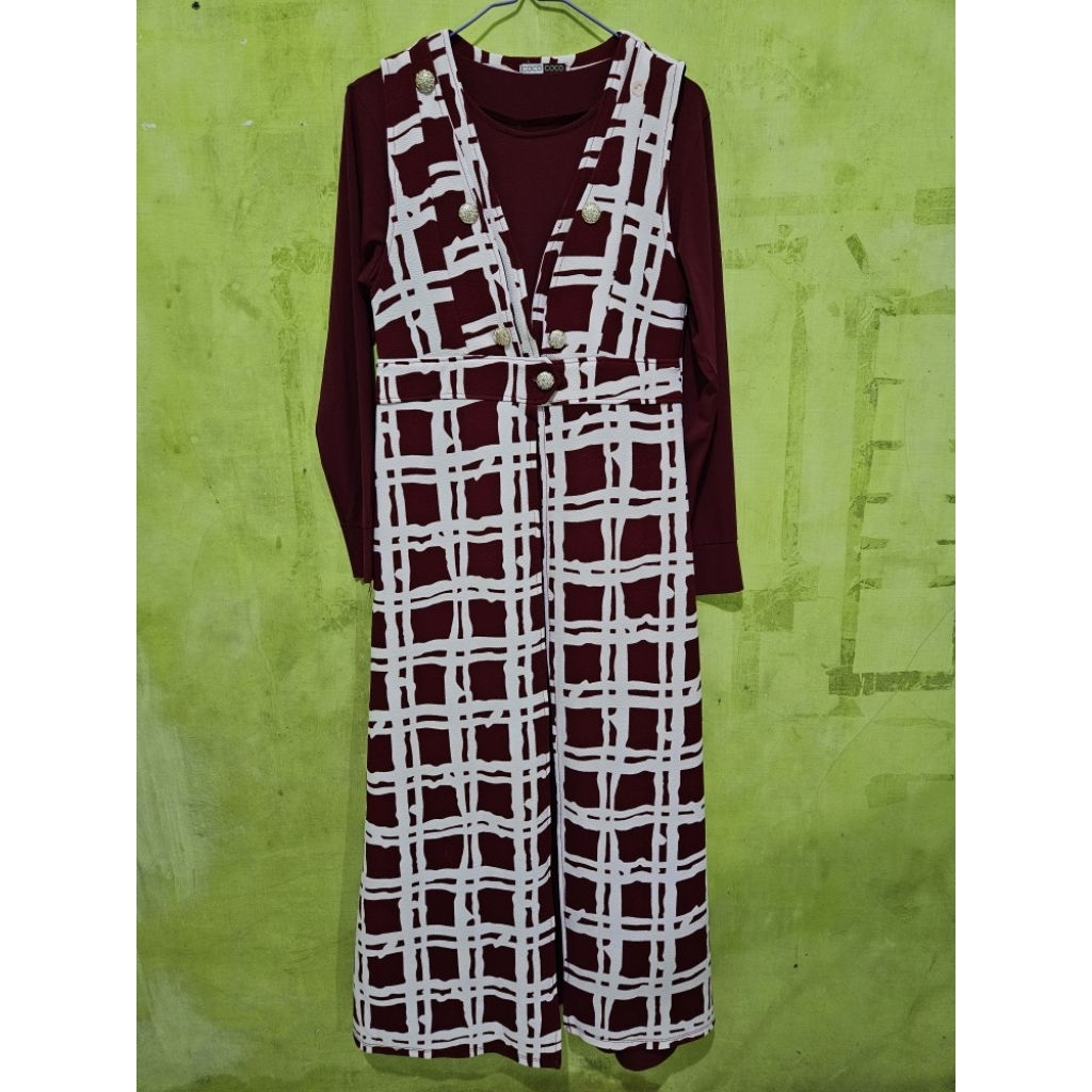 Preloved Baju Bekas Gamis Dress maxi Wanita Warna Kotak-Kotak Maroon