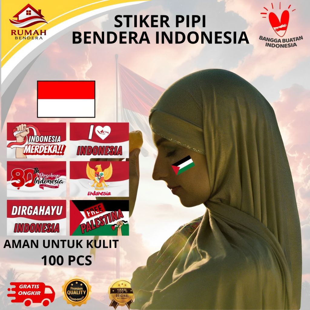 

(100 Pcs) Stiker Wajah Free Palestina Aman DiKulit Bendera Indonesia Merah Putih Aksesoris Agustusan