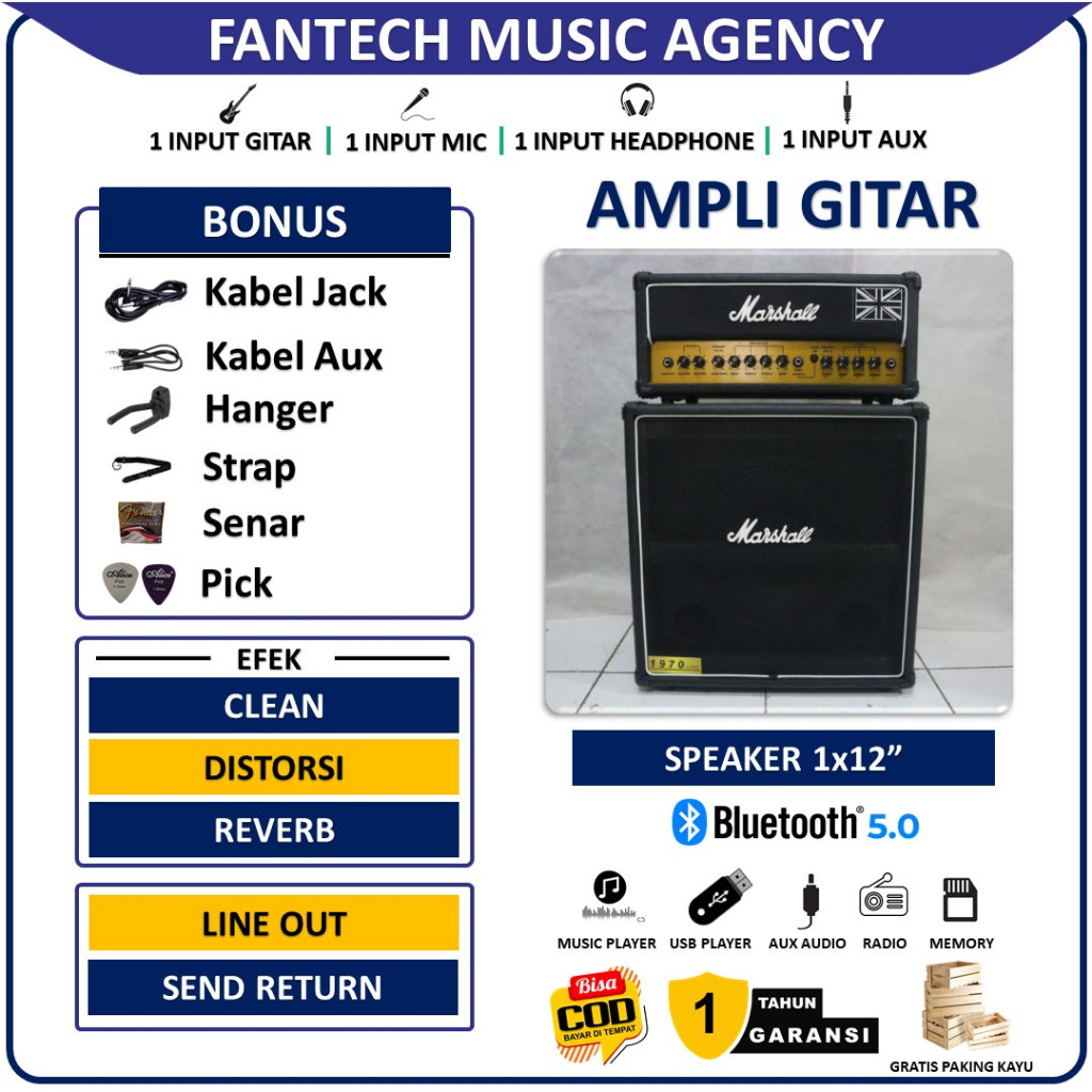 Ampli Gitar & Bass 12 Inch bluetooth bisa untuk karaoke Marshall 3 Input Bonus Kabel Jack & Senar Gi