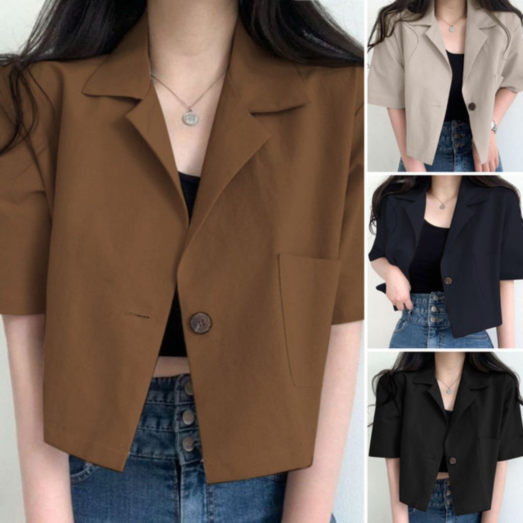 Blazer Crop Sleeve Wanita Casual Lengan Pendek