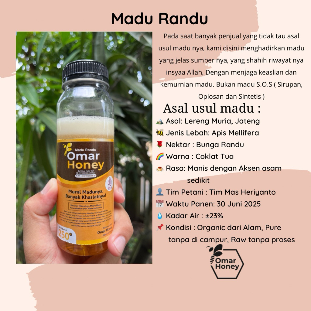 

Madu murni bersanad asal usul jelas, Madu budidaya dari lebah Apis Mellifera Nektar Randu by omar.honey bukan madu S.O.S