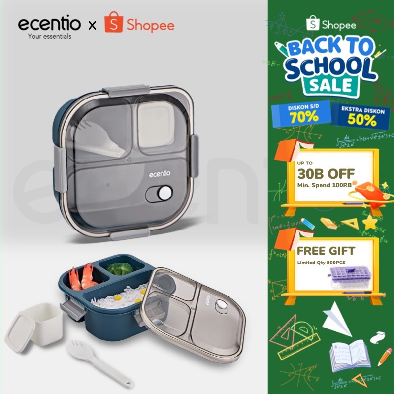 ecentio kotak bekal anti tumpah tumpah 3 grid 1100ml Kotak makan wadah bekal anti tumpah kotak sup