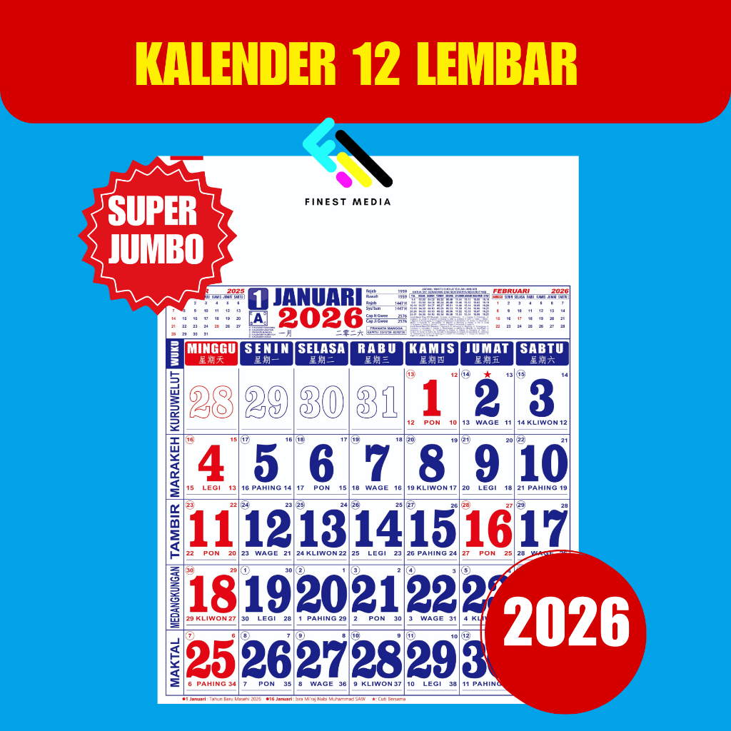 

OBRAL KALENDER DINDING 2026 ANGKA BESAR UKURAN EXTRA JUMBO 50 X 65 CM TERMURAH EDISI TERBARU