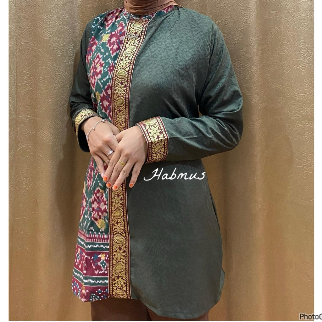 tunik motif blongsong list songket kombinasi polos Dobby mewah