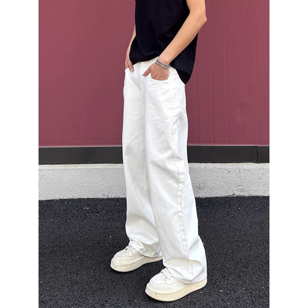 Jeans putih lurus longgar sederhana gaya Korea untuk pria-Kain denim lembut dan nyaman