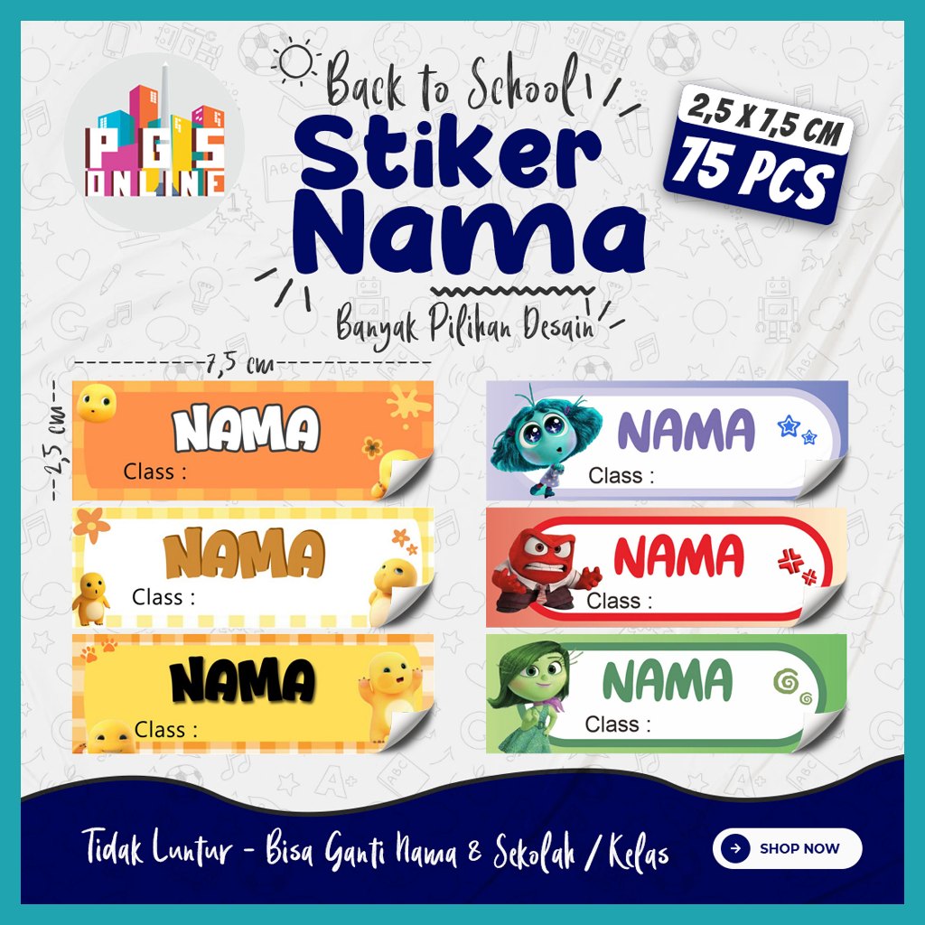 

[75 PCS] STICKER NAMA / Stiker Buku Anak Pelajaran Sekolah TK SD SMP / Note Book