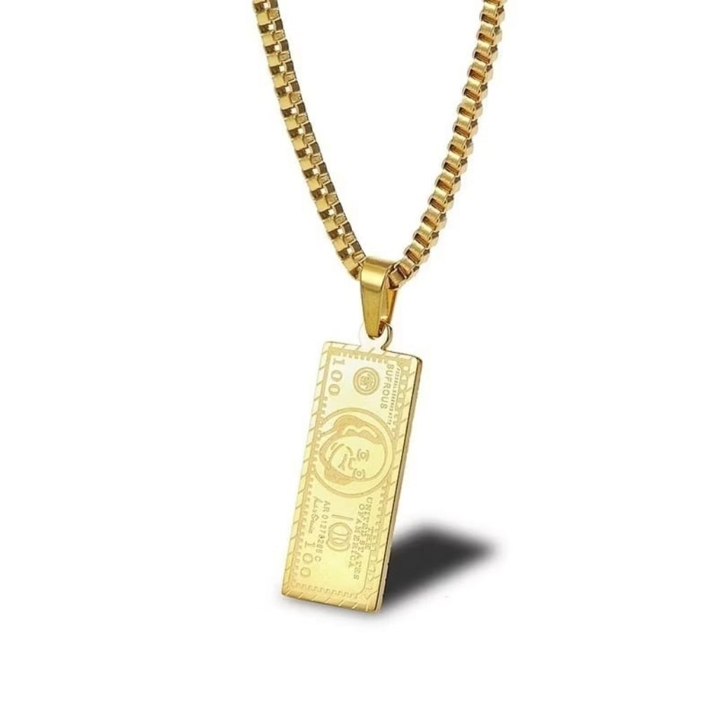Kalung Pria Wanita liontin Uang Kertas 100 Dollar$$ warna emas gaya Hip-Hop # Kalung Dollar