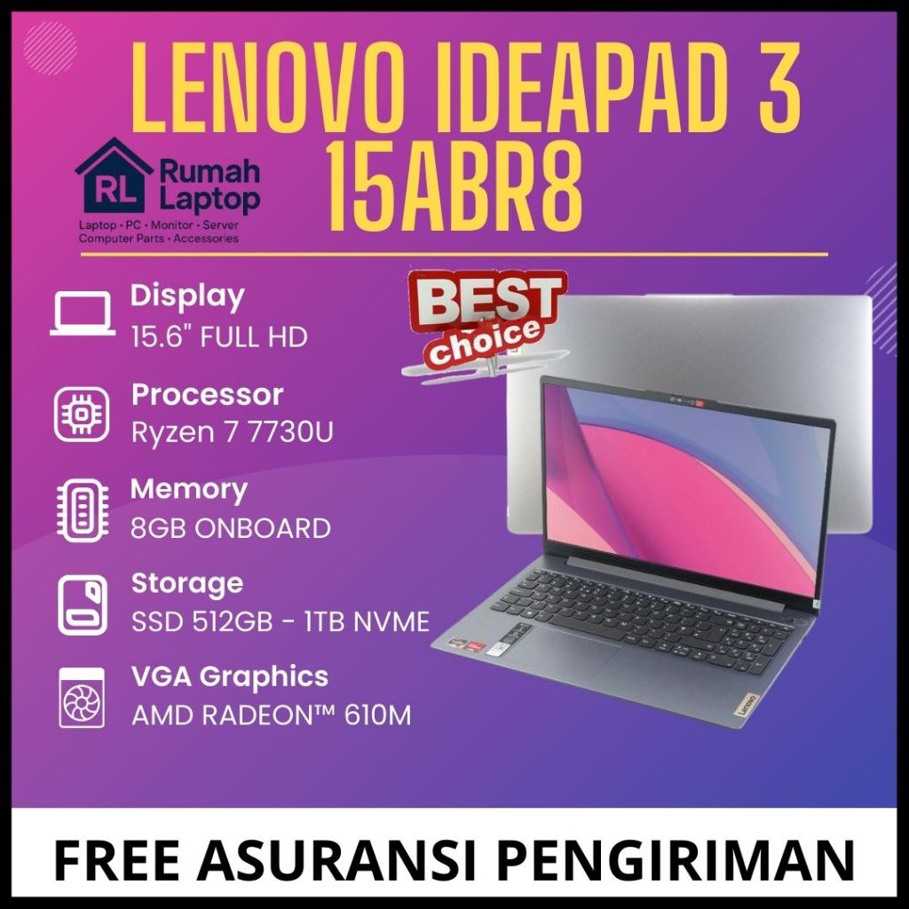 Laptop kuliah Lenovo Ideapad 3 15ABR8 AMD Ryzen 7 - 7730U Ram 8GB SSD 1TB 15.6" FHD - Lenovo Ryzen 7