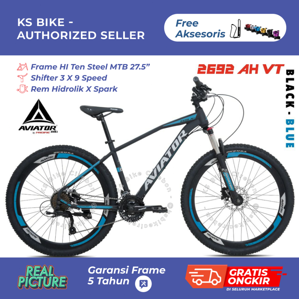 MTB Aviator 2692 AH Velg Tinggi 27.5 Inch - Hi Ten Steel Frame 27 Speed 3 x 9 Rem Hidrolik Sepeda Gu