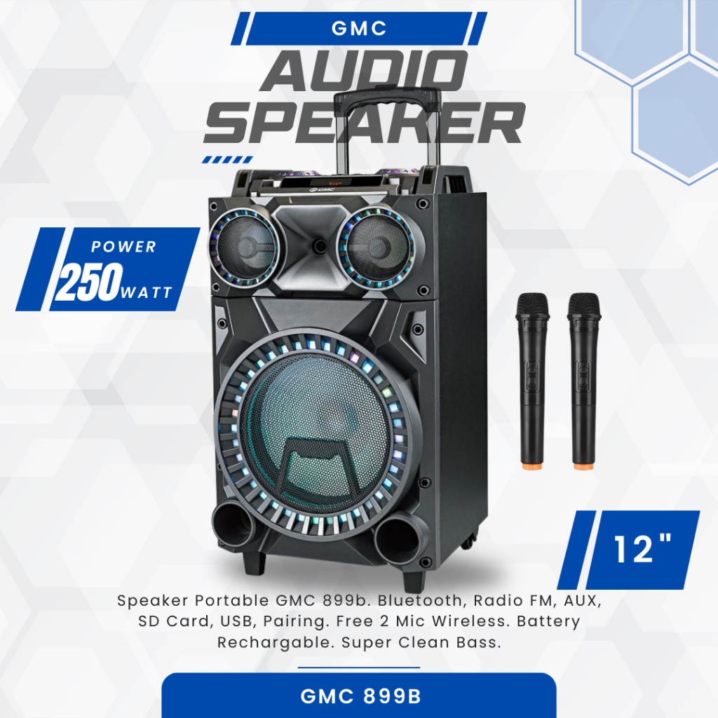 SPEAKER GMC 899B Portable GMC 899B 12 INCH - POWER 250W RMS + FREE 2 MIC WIRELESS SNI