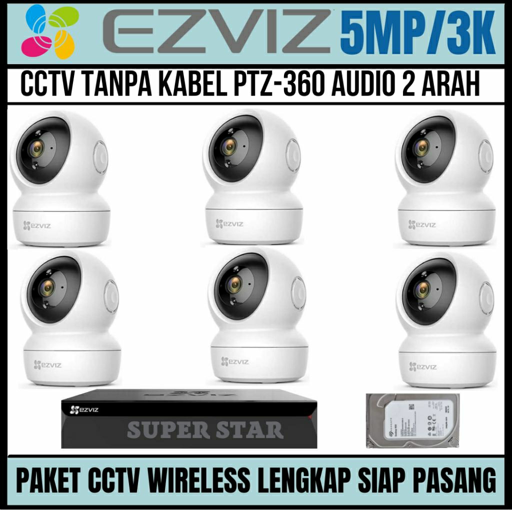 paket cctv ezviz 5mp 8 channel 6 kamera wireless audio 2 arah ip camera wifi  tanpa kabel werles