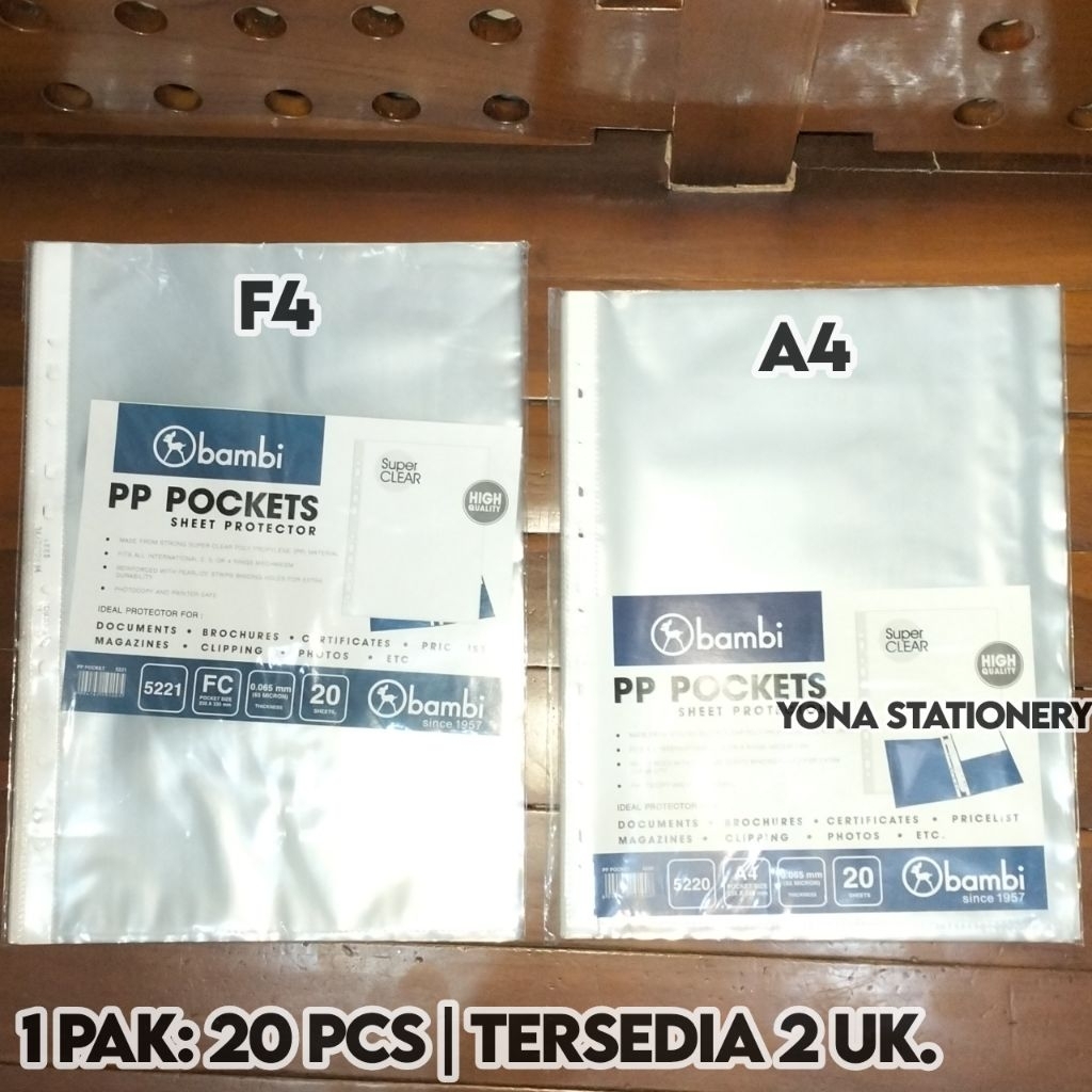 

PP Pocket Bambi | 2 Ukuran: A4 (5220) & F4 (5221) | 1 Pak: 20 Pcs | Ketebalan: 65 Micron