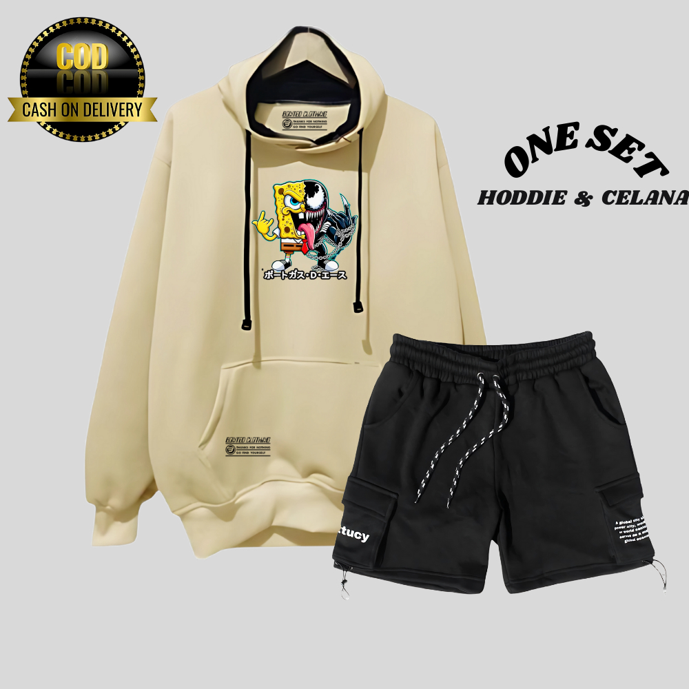 Oneset Hoodie Celana Pendek Pria Wanita Distro Stelan Sweater Celana Cargo Bahan Flece Brend Size M 