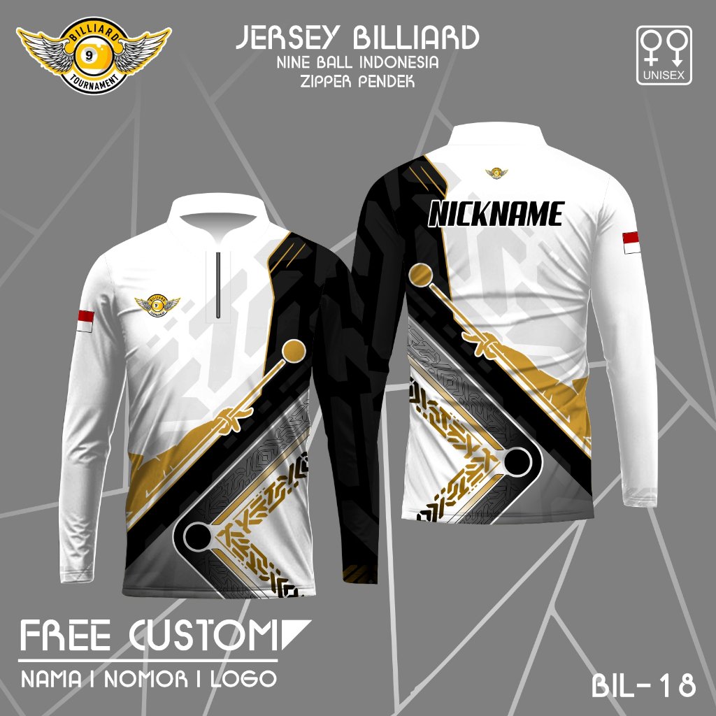 Baju kerah zipper billiard kaos nine ball jersey komunitas billiard lengan panjang