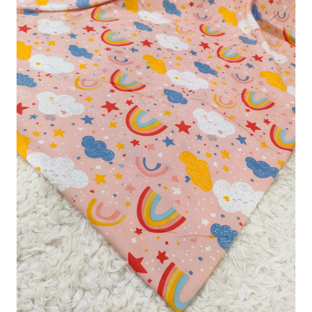 Bahan kain katun rayon viscose premium motif rainbow pelangi motif bunga cerah soft motif awan motif