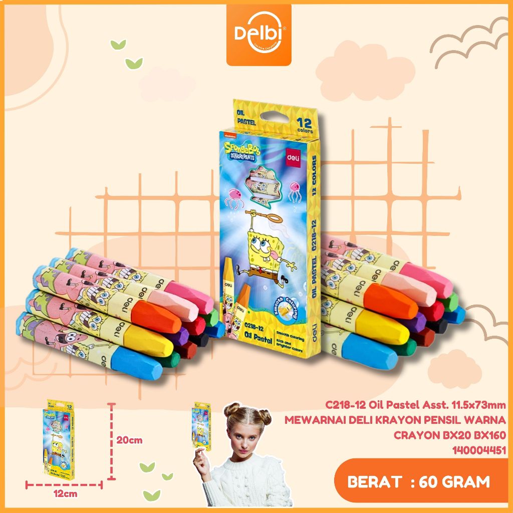 

crayon deli 12 warna sponge bob hexagonal lomba gambar deli oil pastel C218-12 Oil Pastel Asst. 11.5x73mm MEWARNAI DELI KRAYON PENSIL WARNA CRAYON