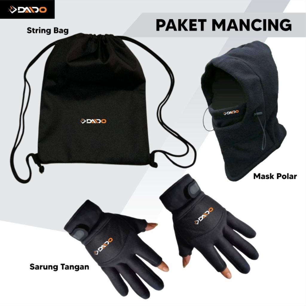 Paket hemat tas serut mancing masker polar multifungsi dan sarung tangan casting pria wanita