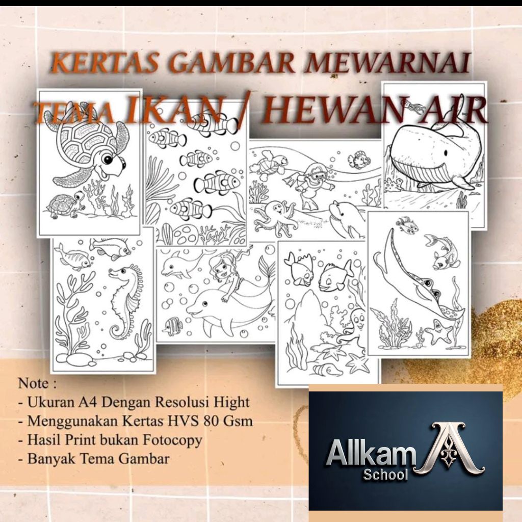 Kertas Gambar Mewarnai Ikan/ Hewan Air