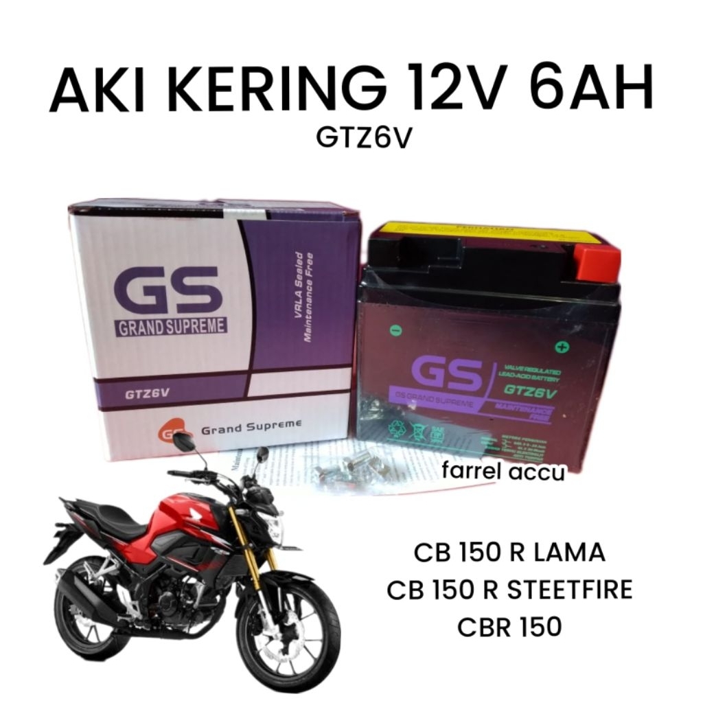 AKI MOTOR CB 150 R LAMA, CB 150 STEETFIRE, CBR 150, AKI KERING GS GTZ6V GRAND SUPREME 12V 6AH