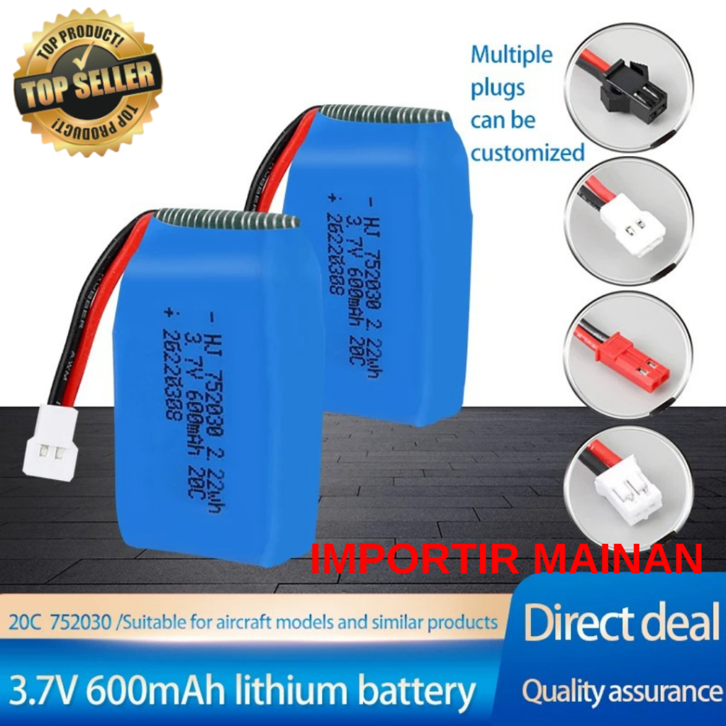 baterai lipo drone JJRC X9 1s 3.7v 600mah dual soket XH2.54 dan JST baterai rc plane 752030