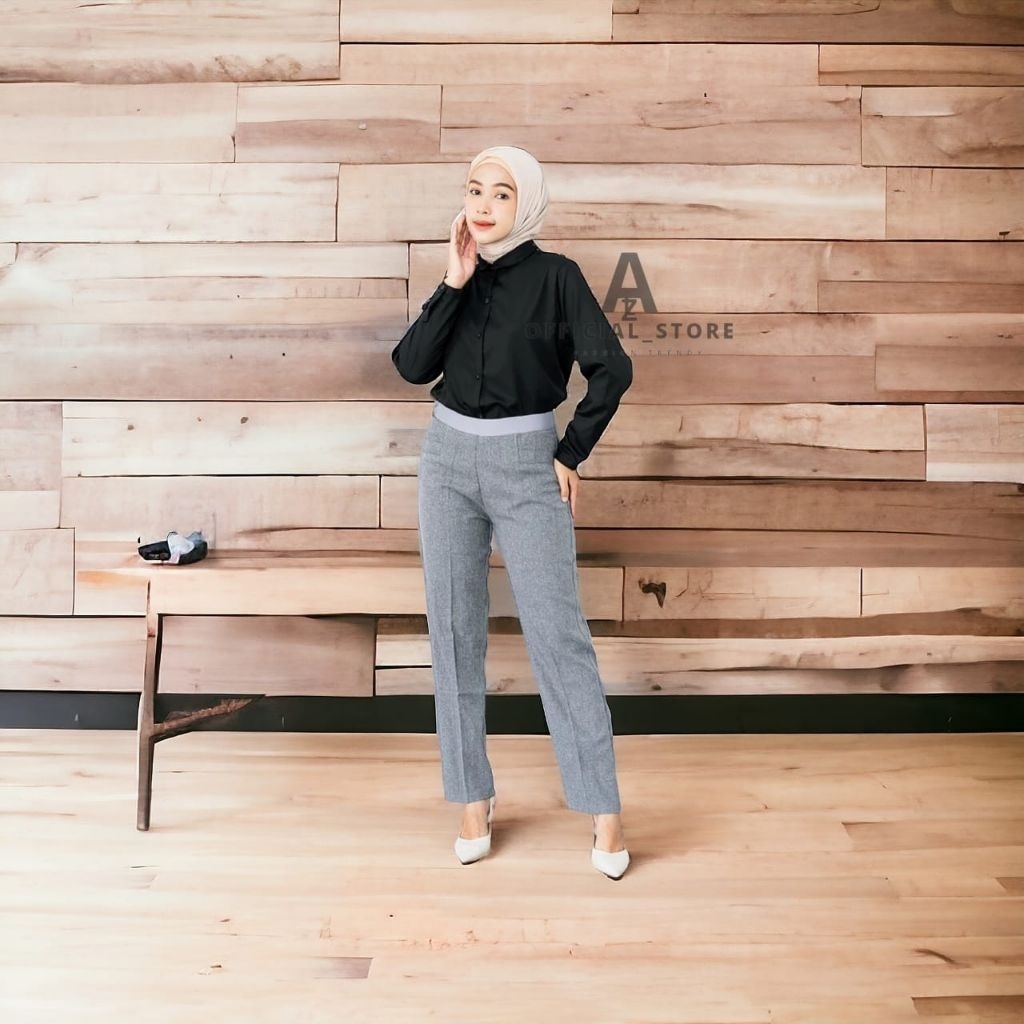 DEJIFA - Celana Bahan Wanita Kerja Highwaist Korean Style Jumbo Warna Abu