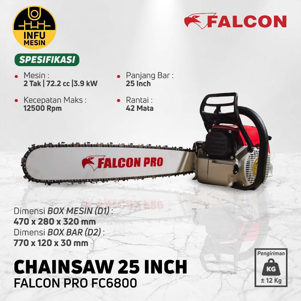 Chainsaw Gergaji Mesin 25 inch 25" Falcon FC6800 Rantai 42 Mata