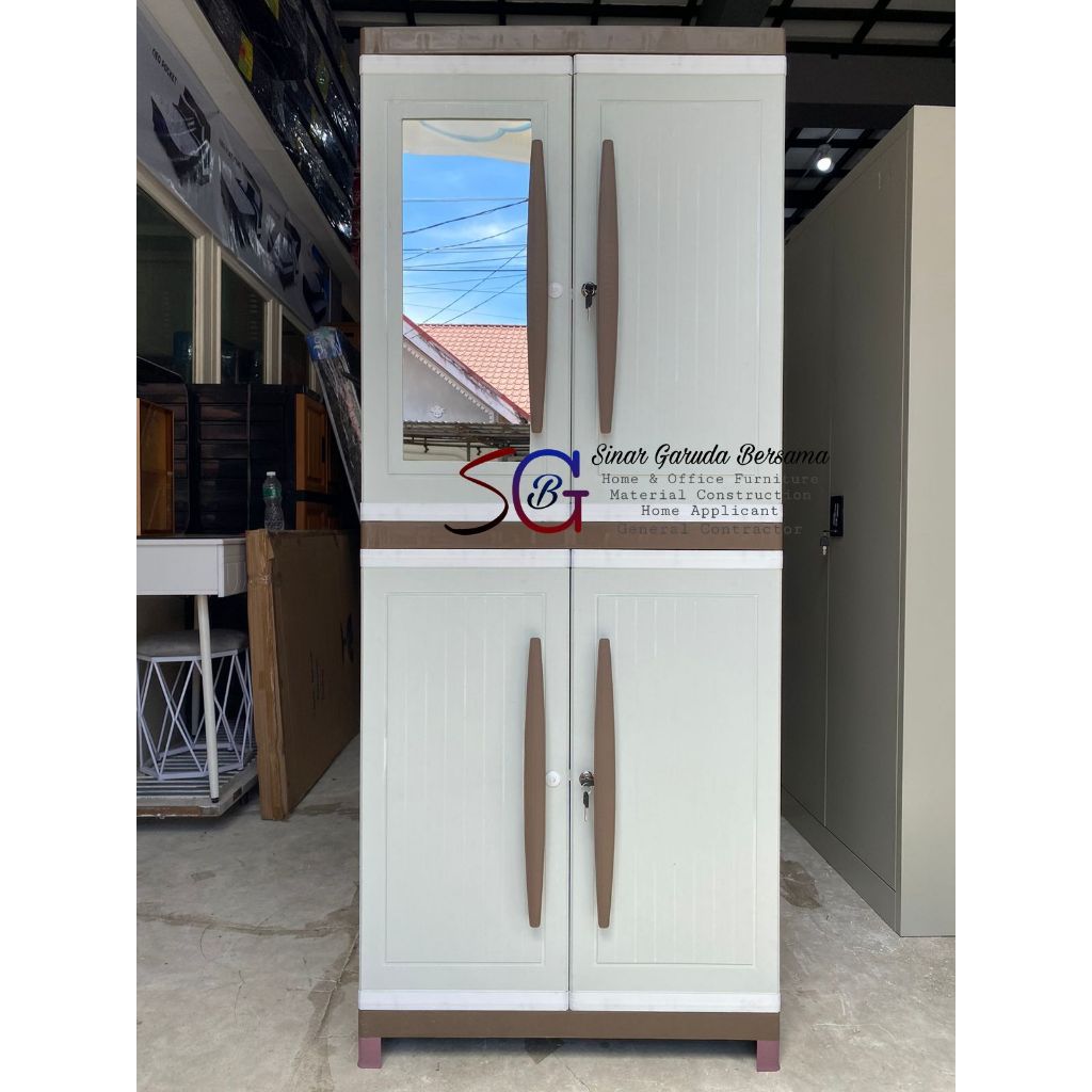 LEMARI PLASTIK 4 PINTU + KACA / LEMARI BAJU FULL RAK / LEMARI PAKAIAN ANAK KOS