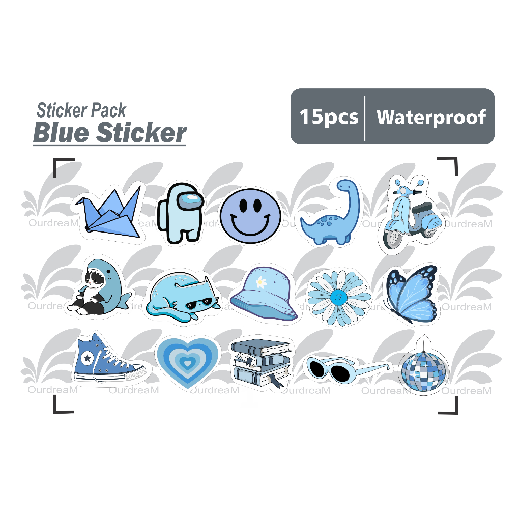 

stiker blue cute - isi 15 pcs sticker pack tumbler helm waterproof medium size