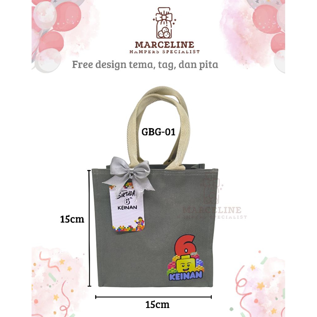 

Tas kanvas custom nama Dan gambar tema ulang tahun. tas hampers custom nama ukuran 15x15cm, free tag Dan pita(tas saja tanpa snack).