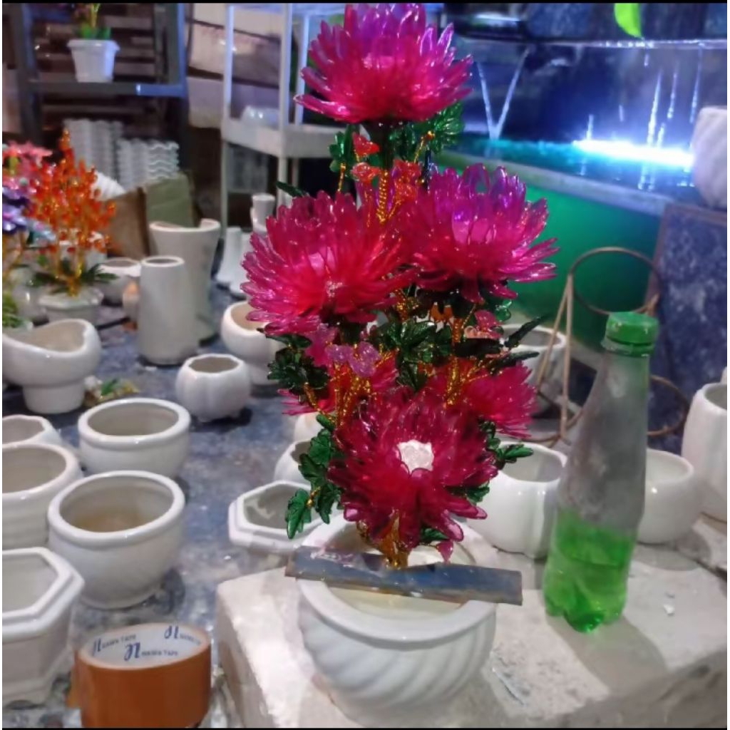 bunga krisan akrilik bening 1 set dengan vas