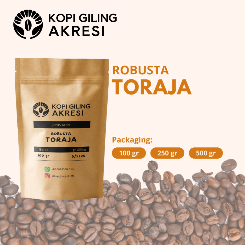 

Robusta Toraja - Biji Kopi Bubuk Giling Murni 100gr/250gr/500gr | Kopi Giling Akresi