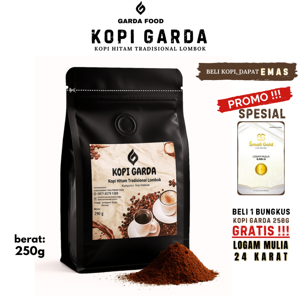 

Kopi Bubuk Murni 100% 1 kg Robusta Hitam Tubruk KOPI GARDA Tradisional Lombok + Bonus Emas 24 Karat