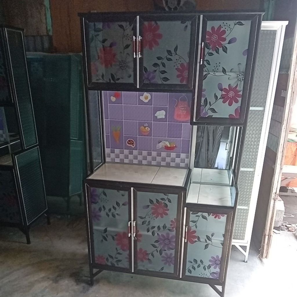 Rak piring 3 pintu keramik kaca aluminium